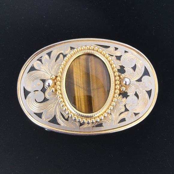 Tiger's Eye Western Style Belt Buckle Oval Gold Silver Filigree Finish Unisex - Picture 1 of 10